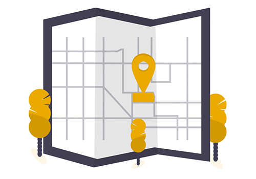 illustration of a folded map with roads and a pin, indicating driving directions