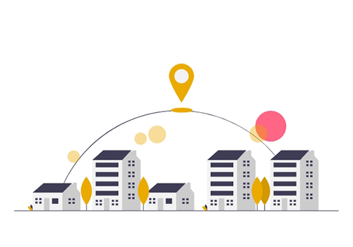 illustration of buildings and map pins, indicating travel to a hotel